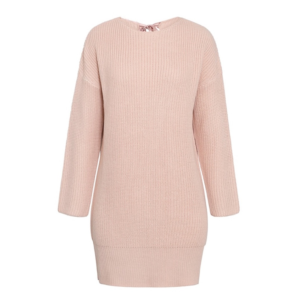 Keyhole Back Tie Pink Sweater Dress - Picture 11 of 16